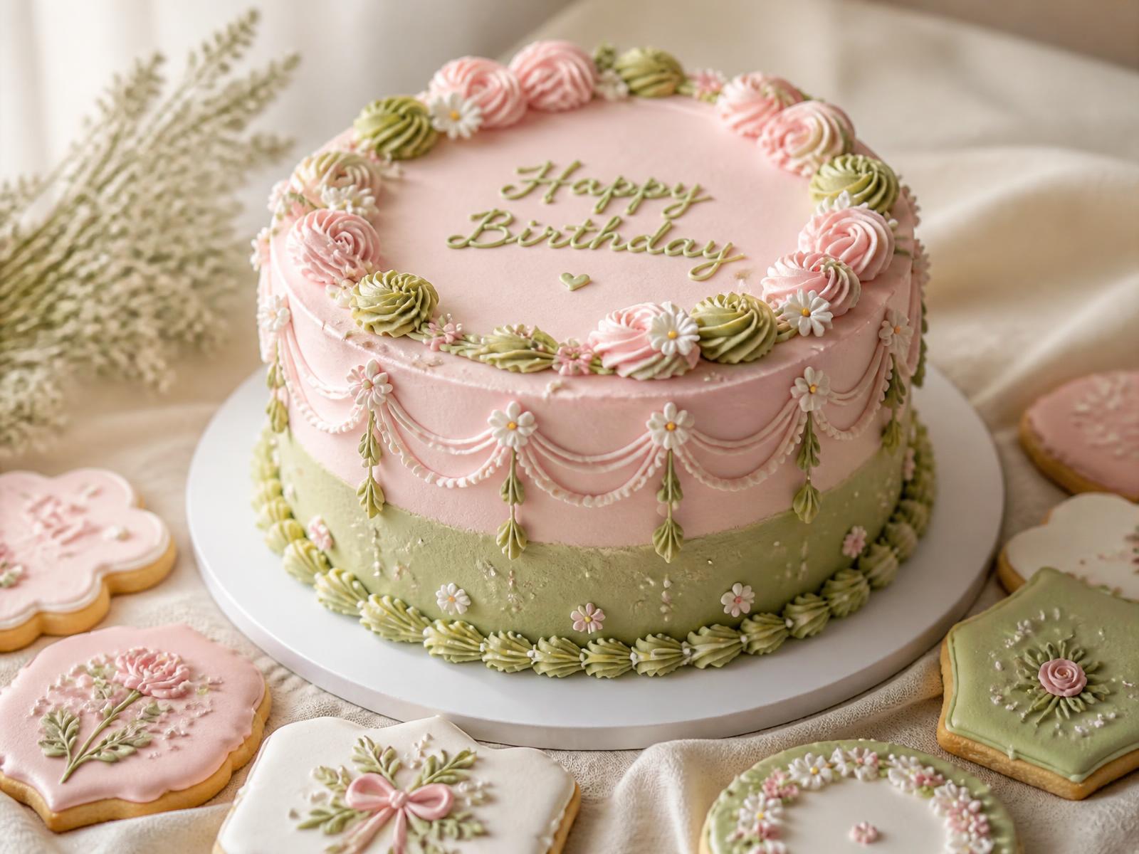 Pastel custom celebration cake surrounded by hand-iced decorated biscuits