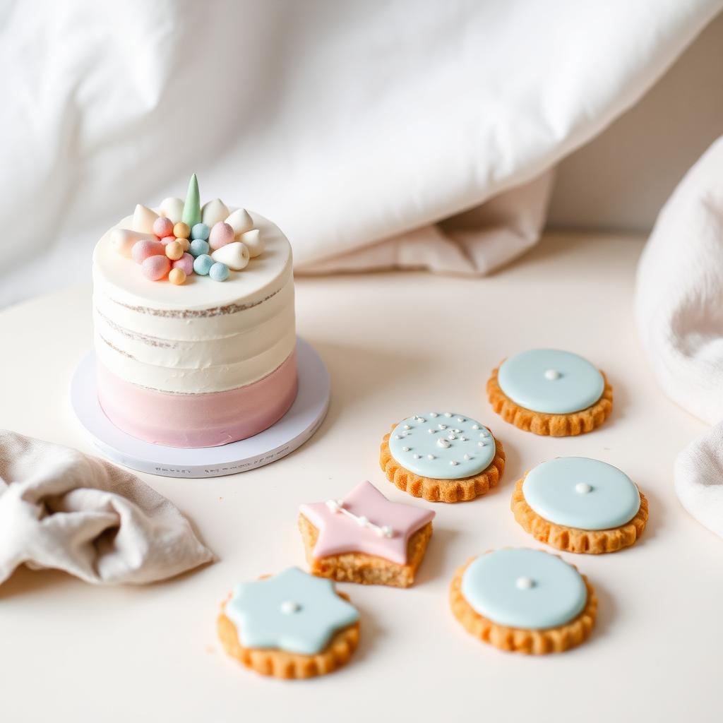 Matching pastel cake with coordinated decorated biscuits